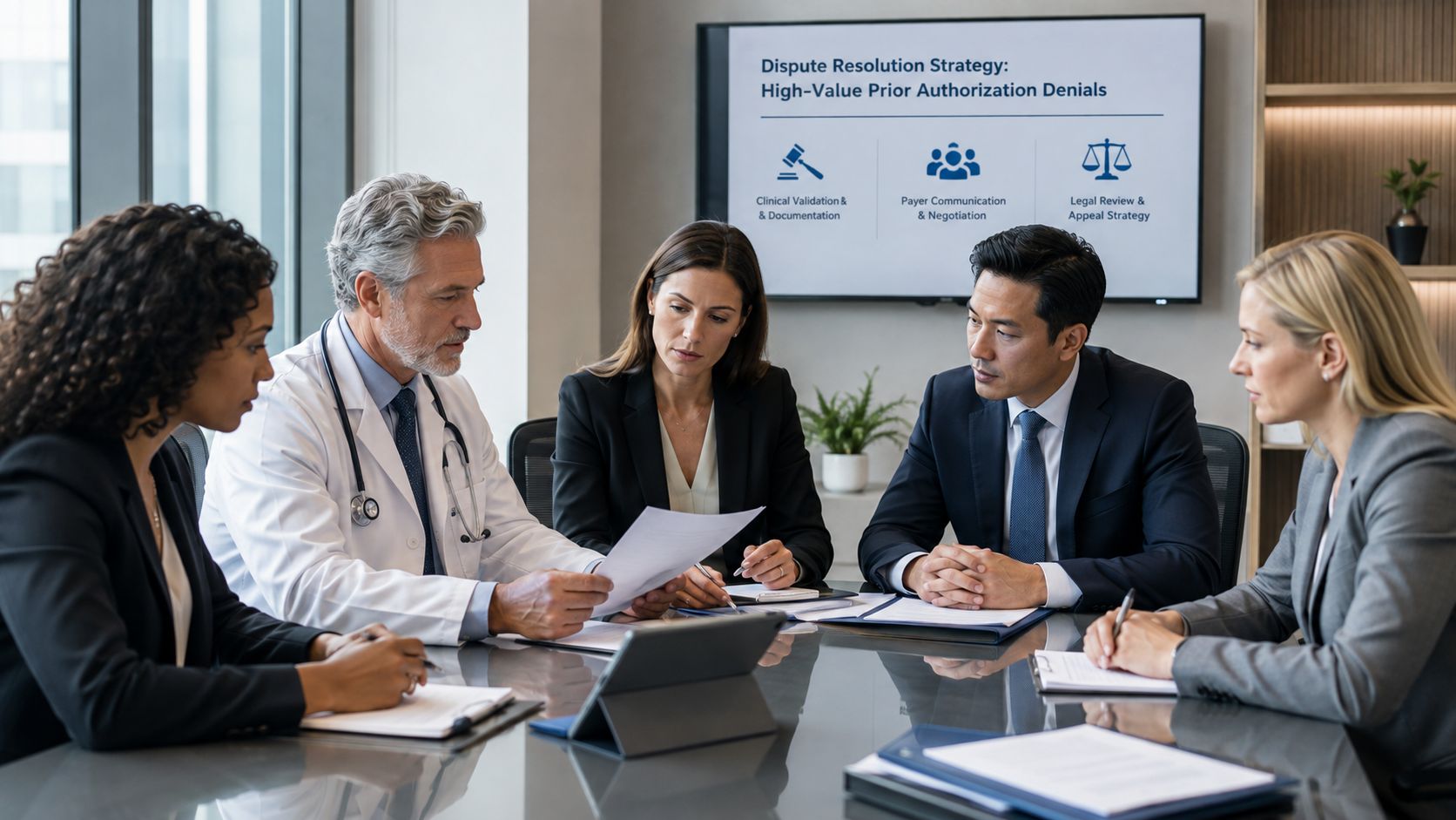 A professional team of doctors and legal experts reviewing healthcare documents during a business meeting in an office.