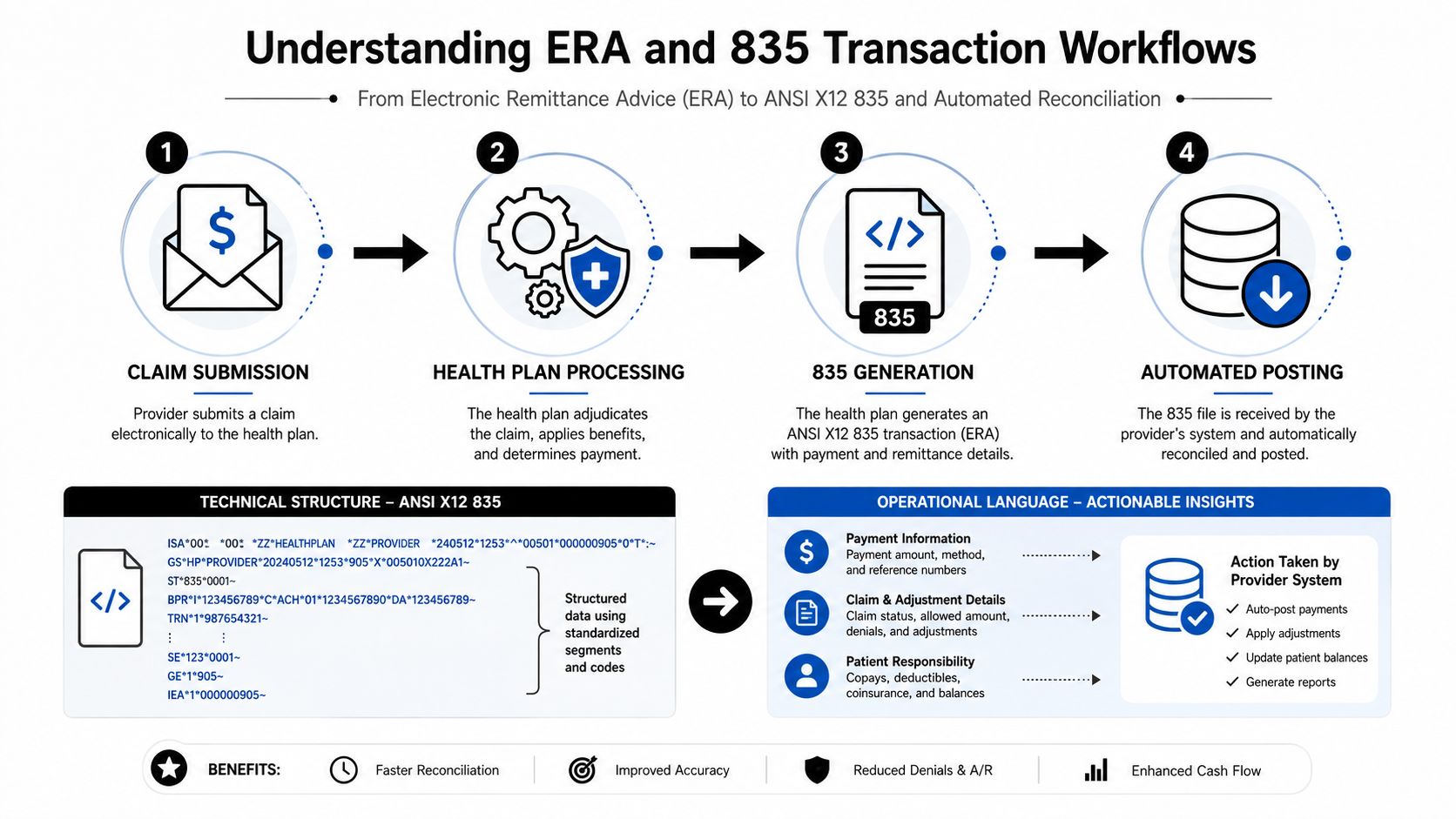 A diagram illustrating the four steps of the electronic remittance advice and 835 transaction workflow process.