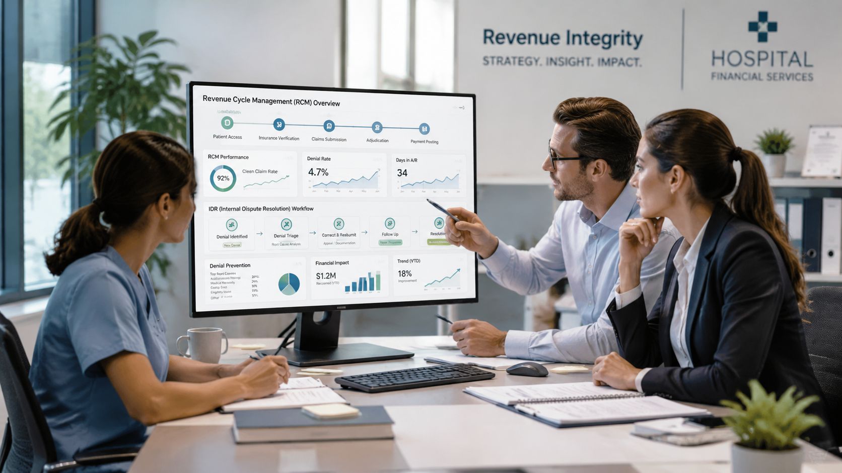 A professional team discussing healthcare financial data and revenue cycle management metrics on a computer screen in an office.