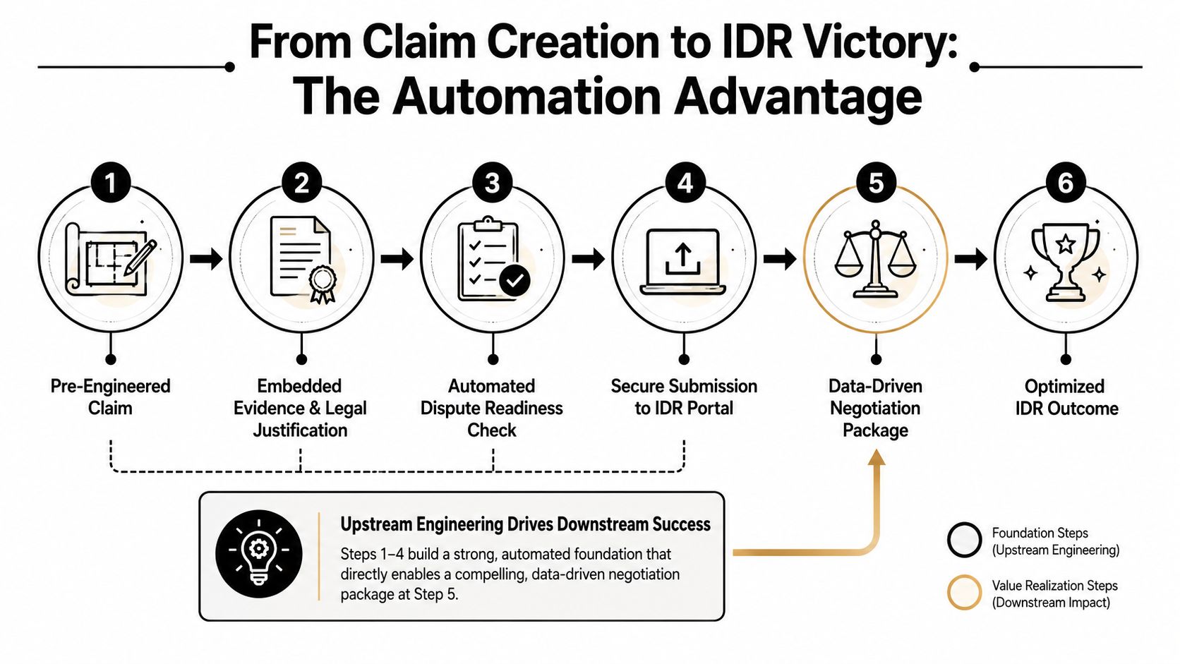 A six-step diagram illustrating the automated workflow from initial claim creation to achieving an optimized IDR victory.