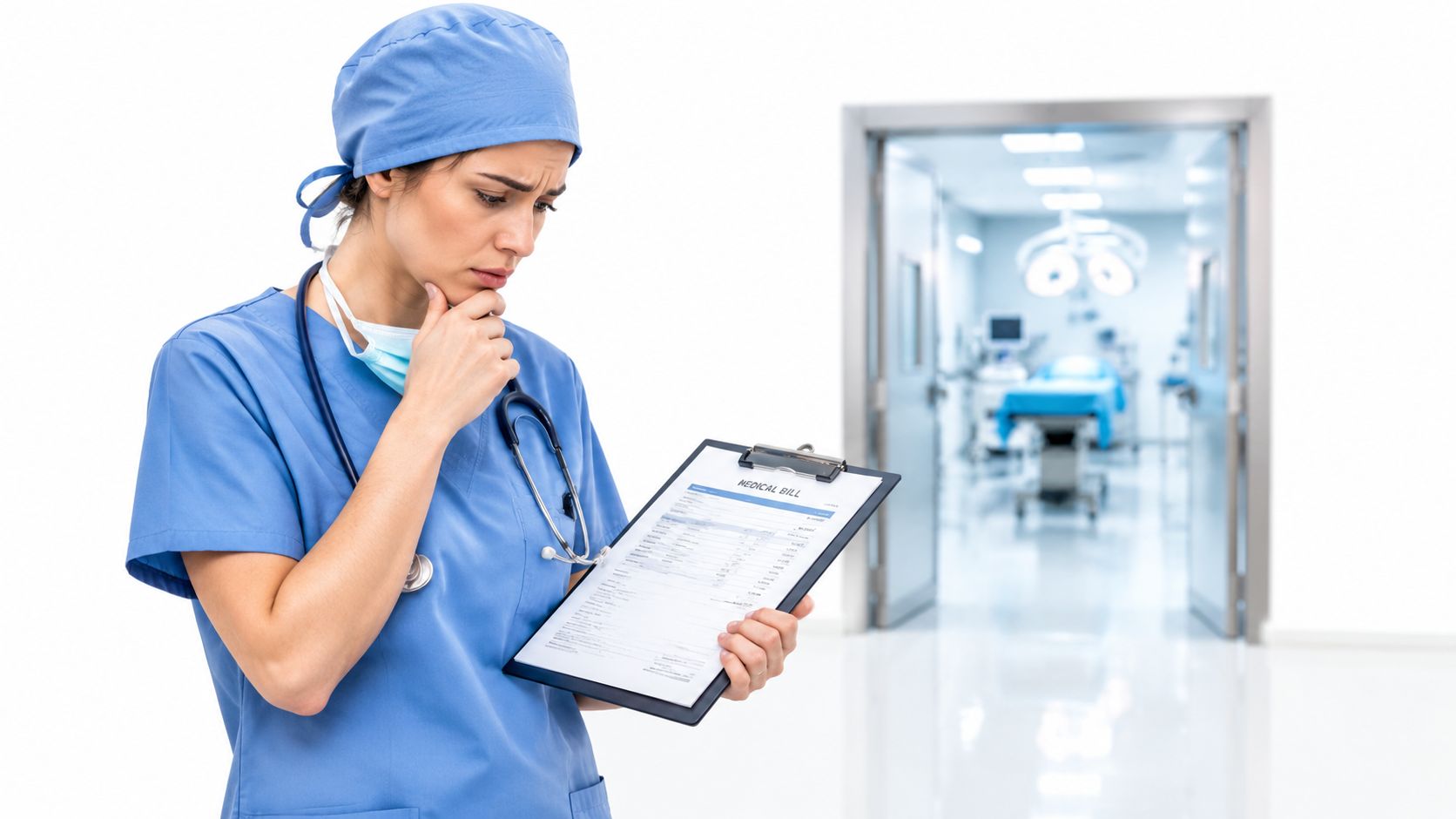 A concerned female anesthesiologist in scrubs examining a medical bill in a sterile hospital operating room.
