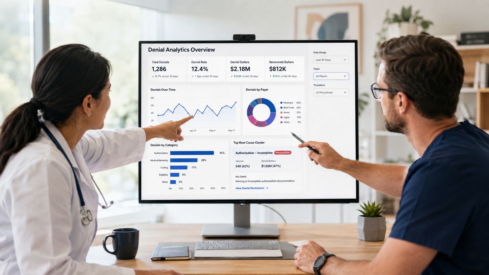 A healthcare professional and a colleague reviewing medical claim denial analytics on a large computer monitor display.