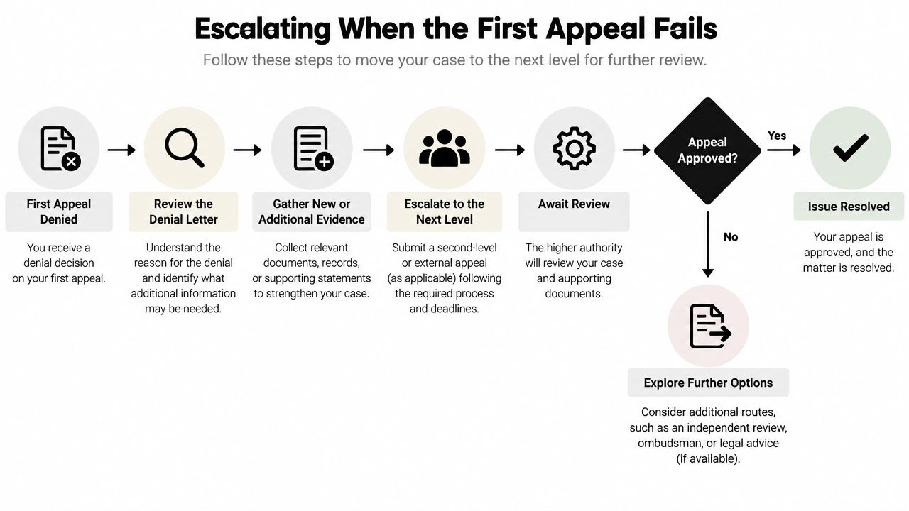 A flow chart illustrating the steps to follow when a first insurance appeal is denied.