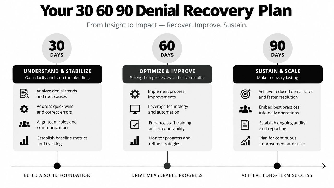 A 30-60-90 day denial recovery plan infographic showing steps to stabilize, optimize, and sustain medical claim processes.