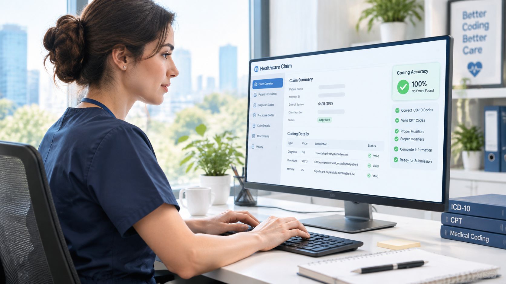 A healthcare professional analyzing an electronic medical claim summary on a computer screen in an office.