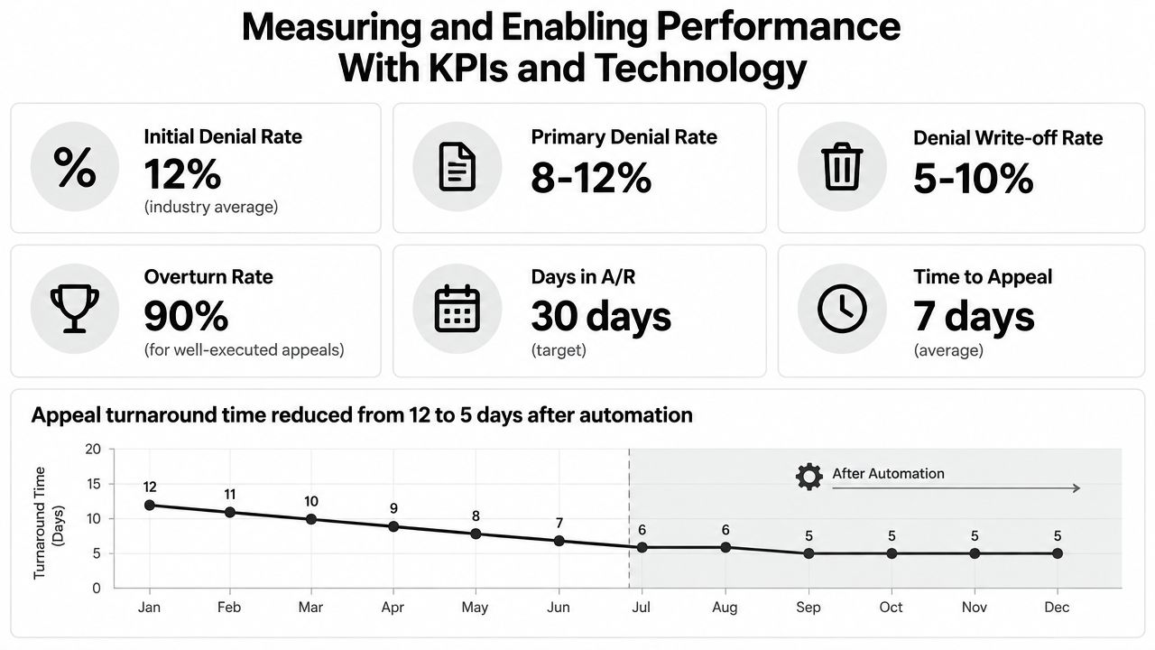 A performance dashboard infographic displaying key medical billing KPIs like denial rates, overturn rates, and appeal turnaround times.