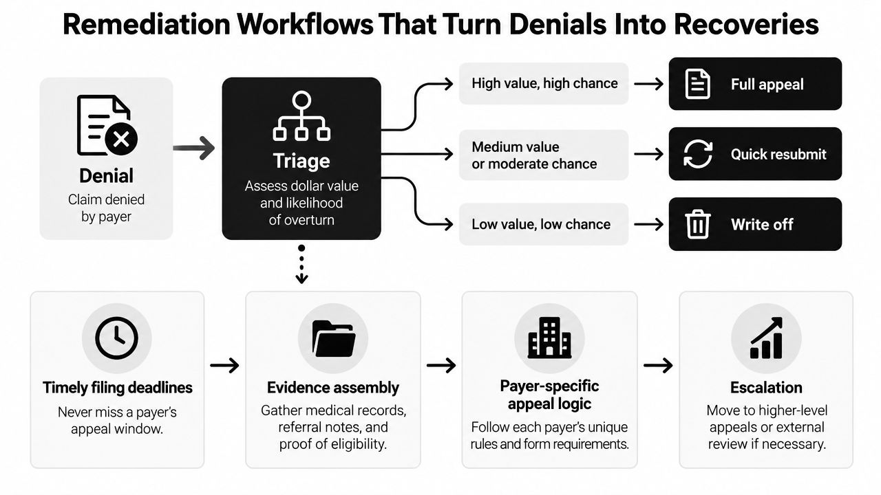 A flowchart showing the remediation workflow for medical billing denials, including triage, appeal types, and escalation processes.