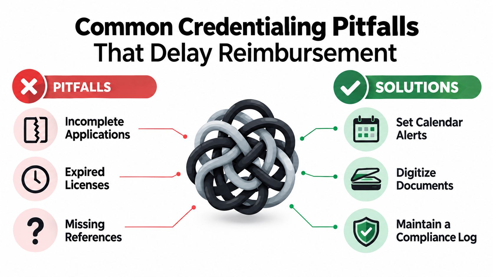 A graphic showing three common health care credentialing pitfalls and their corresponding organizational solutions for faster reimbursement.