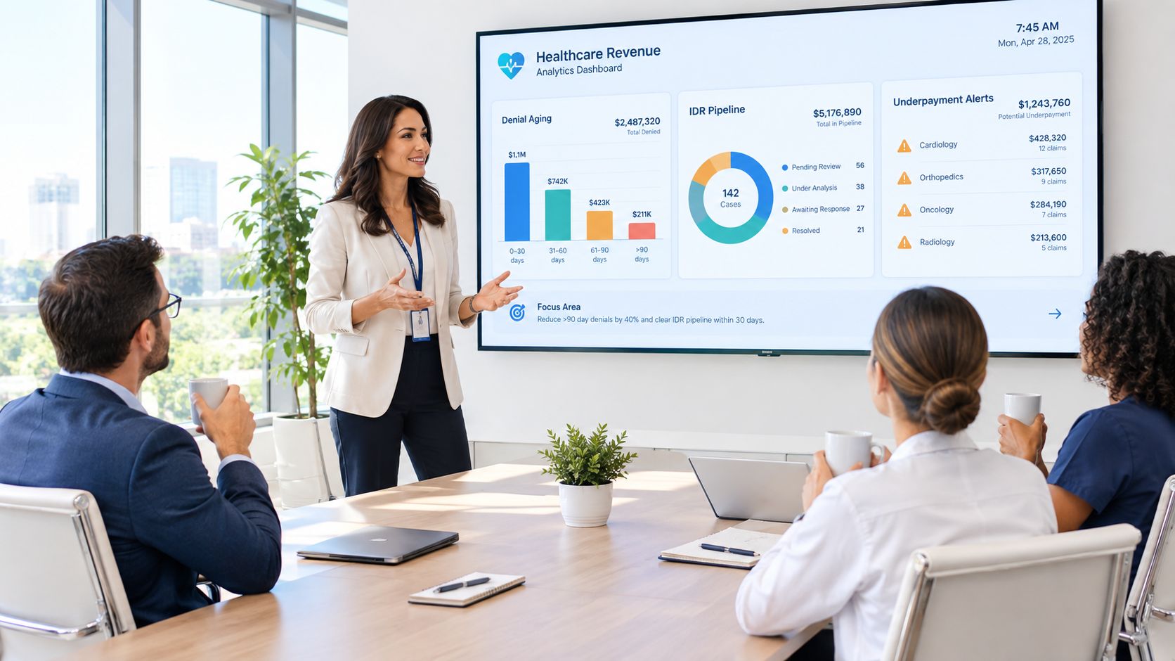 A professional woman presenting a healthcare revenue analytics dashboard to a group of colleagues in a meeting room.