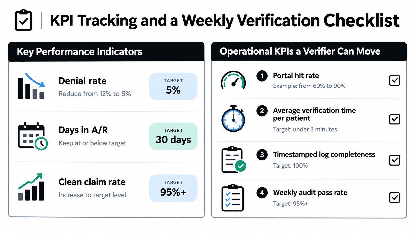 An infographic titled KPI Tracking and a Weekly Verification Checklist displaying medical billing metrics and targets.