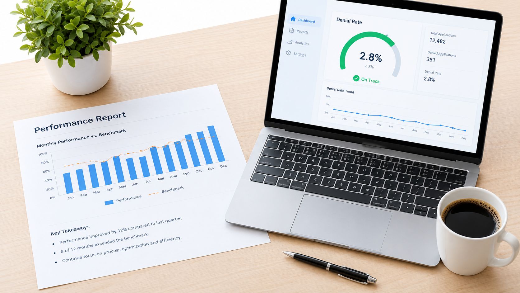 A professional desk workspace featuring a laptop displaying billing metrics, a performance report document, and coffee.