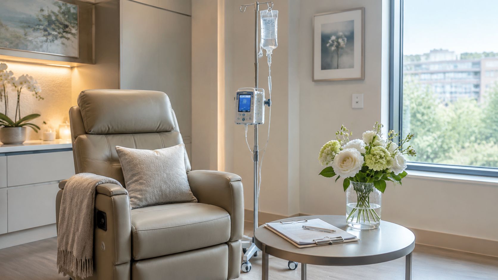 A comfortable beige medical recliner chair next to an IV drip stand in a modern, calming hospital room.