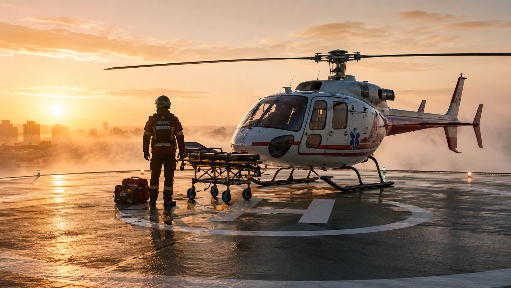 A medical paramedic stands next to a rescue helicopter and stretcher on a helipad during sunrise.