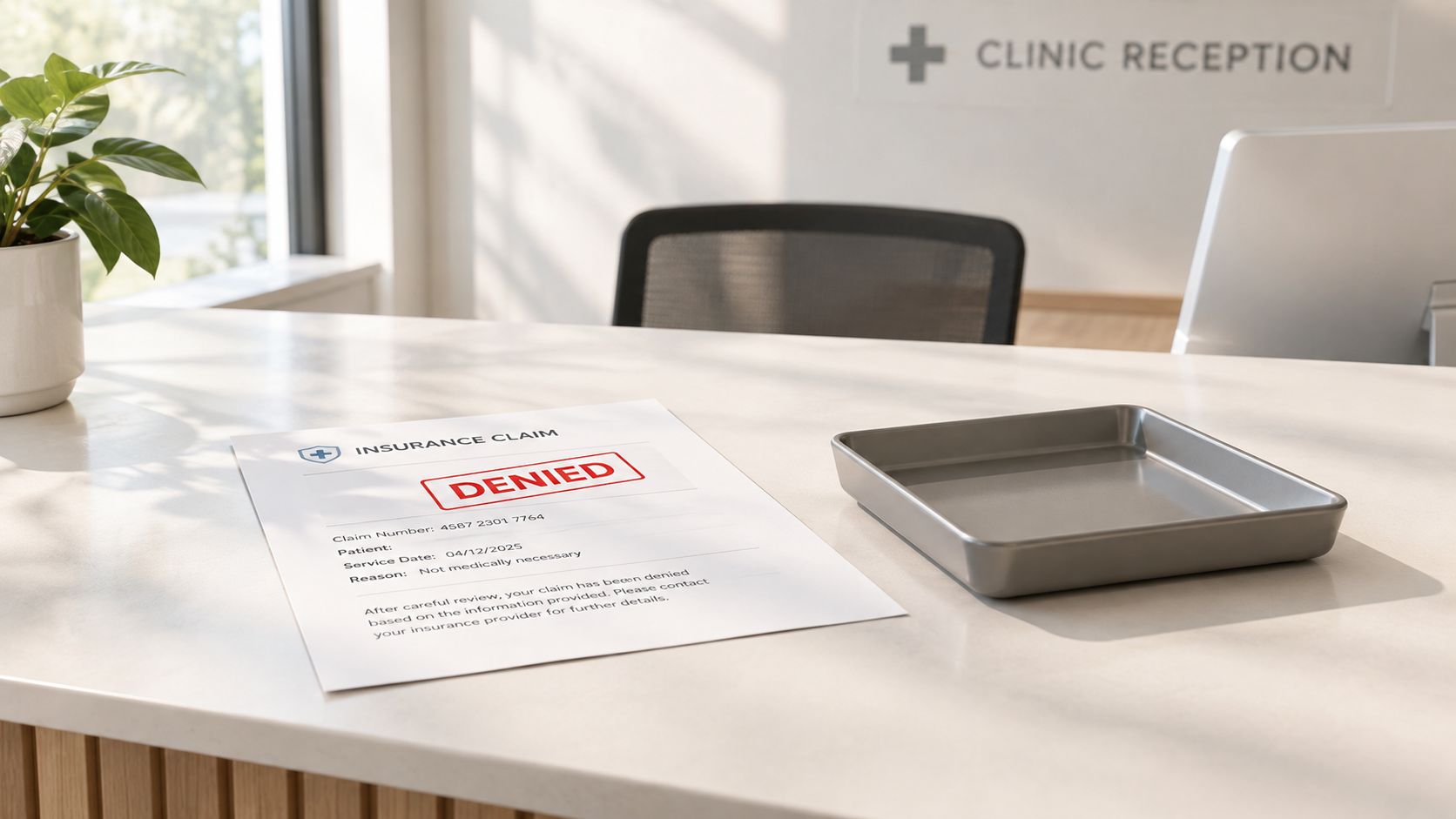 A document labeled insurance claim with a denied stamp sitting on a clean clinic reception desk.