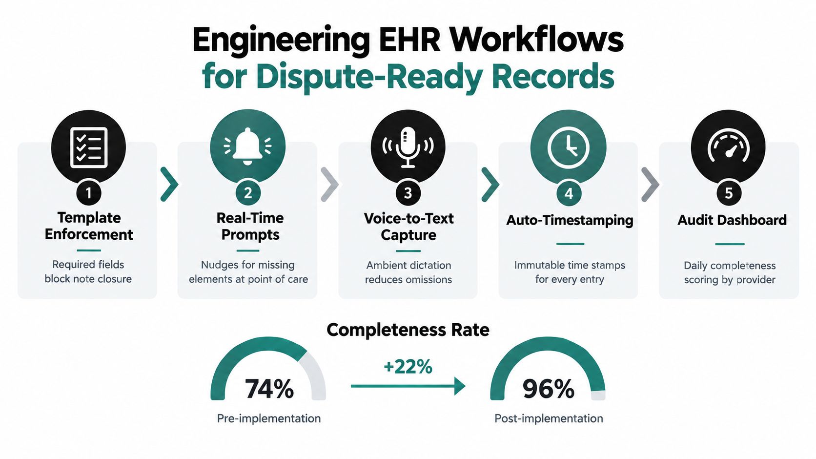 A diagram illustrating a five-step EHR workflow process to improve medical record documentation and completeness rates.