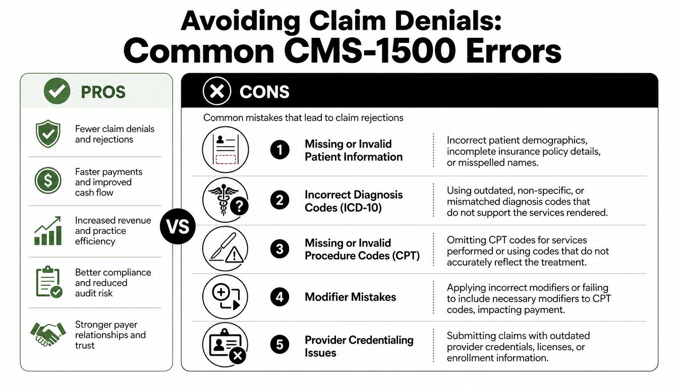 An infographic showing pros of avoiding claim denials versus common CMS-1500 medical billing error mistakes.