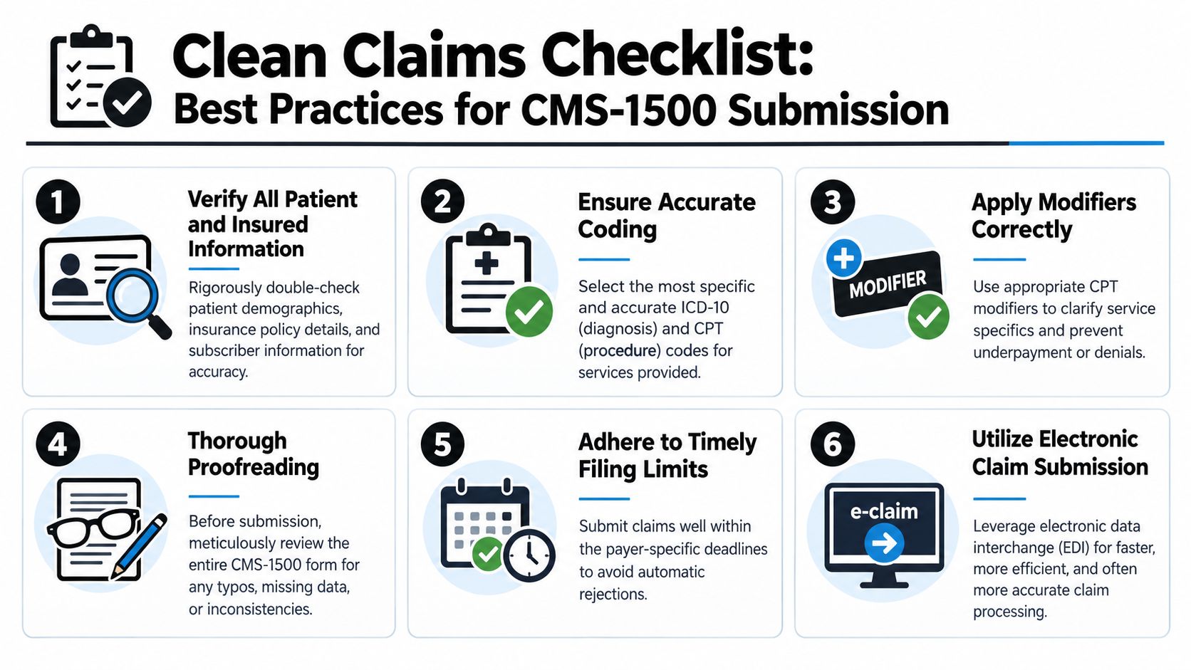 A checklist infographic outlining best practices for submitting accurate CMS-1500 medical insurance claim forms efficiently.