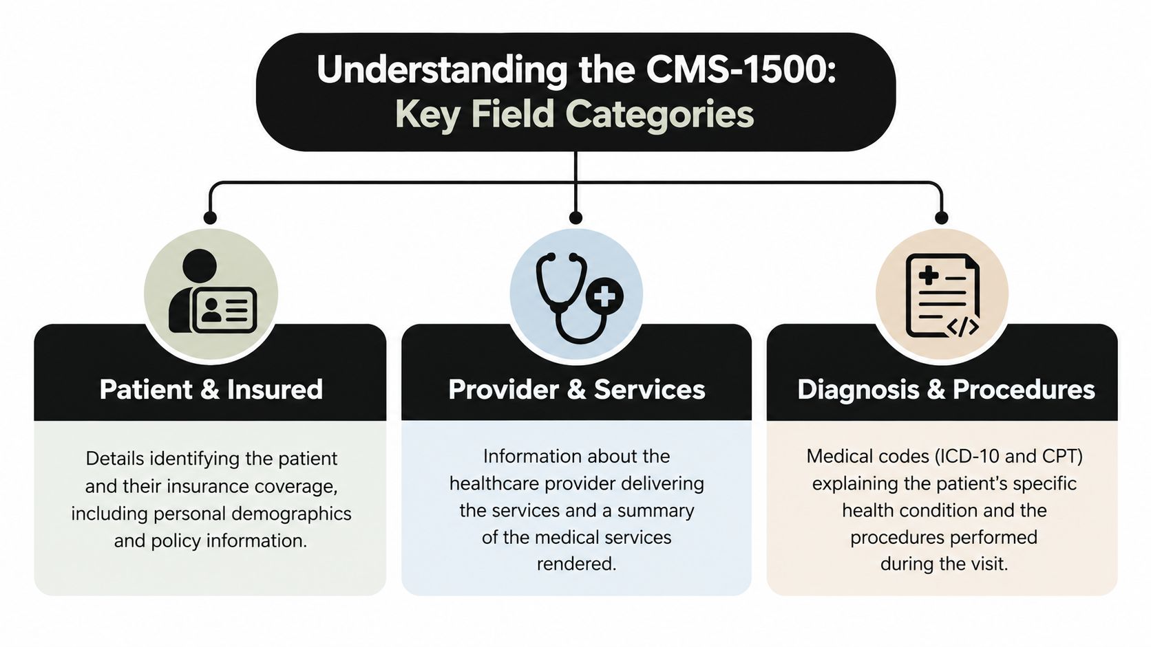 An infographic titled Understanding the CMS-1500 explaining three key field categories: Patient and Insured, Provider and Services, Diagnosis and Procedures.