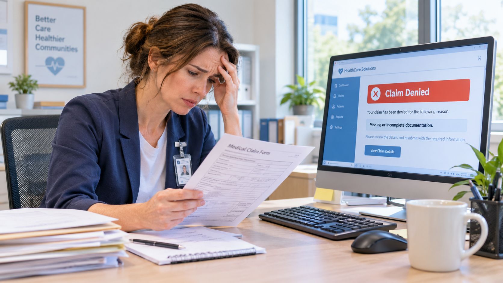 Stressed medical office administrator looking at a denied claim form in front of a computer screen.