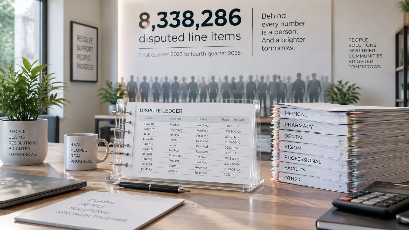 A professional office desk featuring a ledger of disputed claims and a stack of medical records.