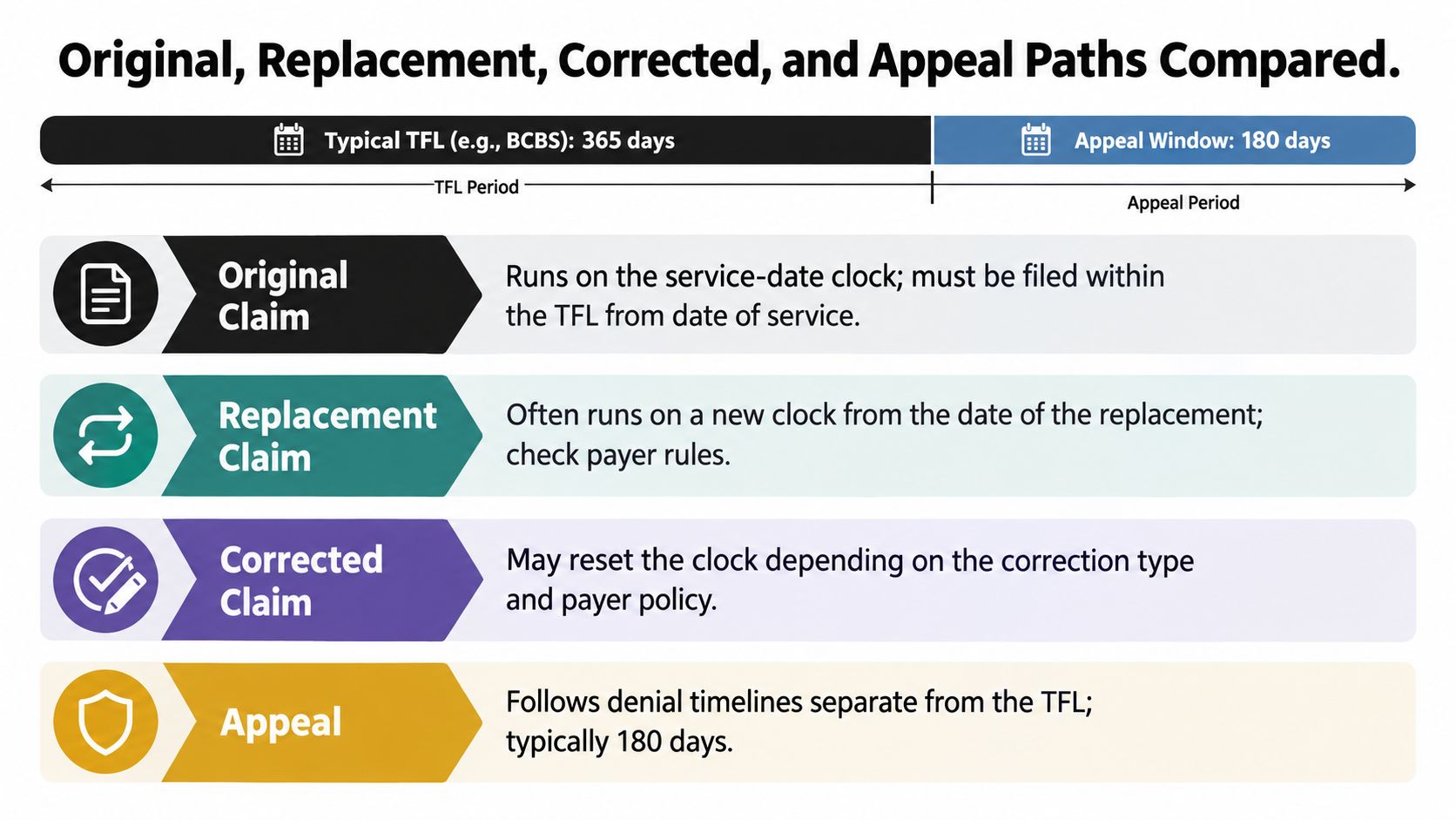 A comparison chart outlining timeline rules for original, replacement, corrected, and appeal insurance claim paths.