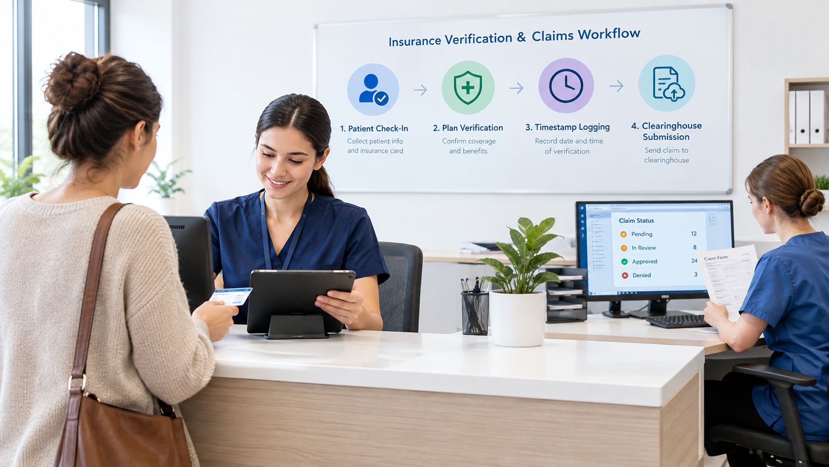 A medical receptionist checking in a patient while another employee processes medical claim forms at a desk.
