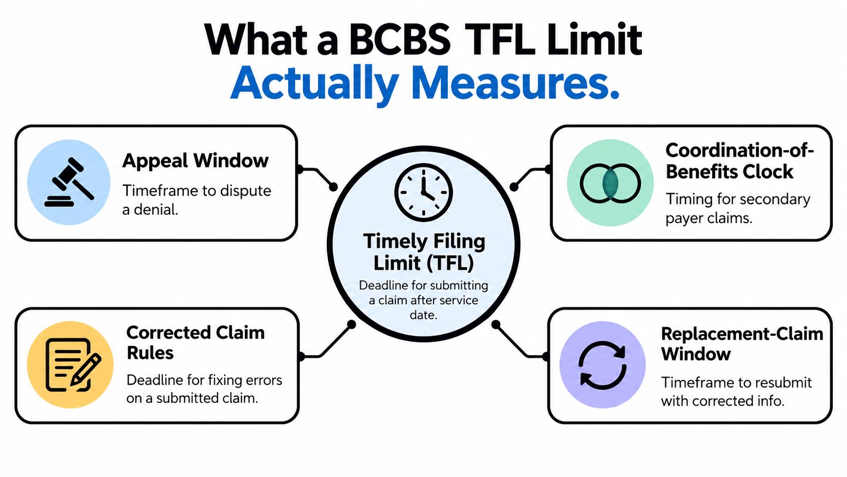 A diagram explaining the components of a BCBS Timely Filing Limit, including appeals, coordination, and claims.