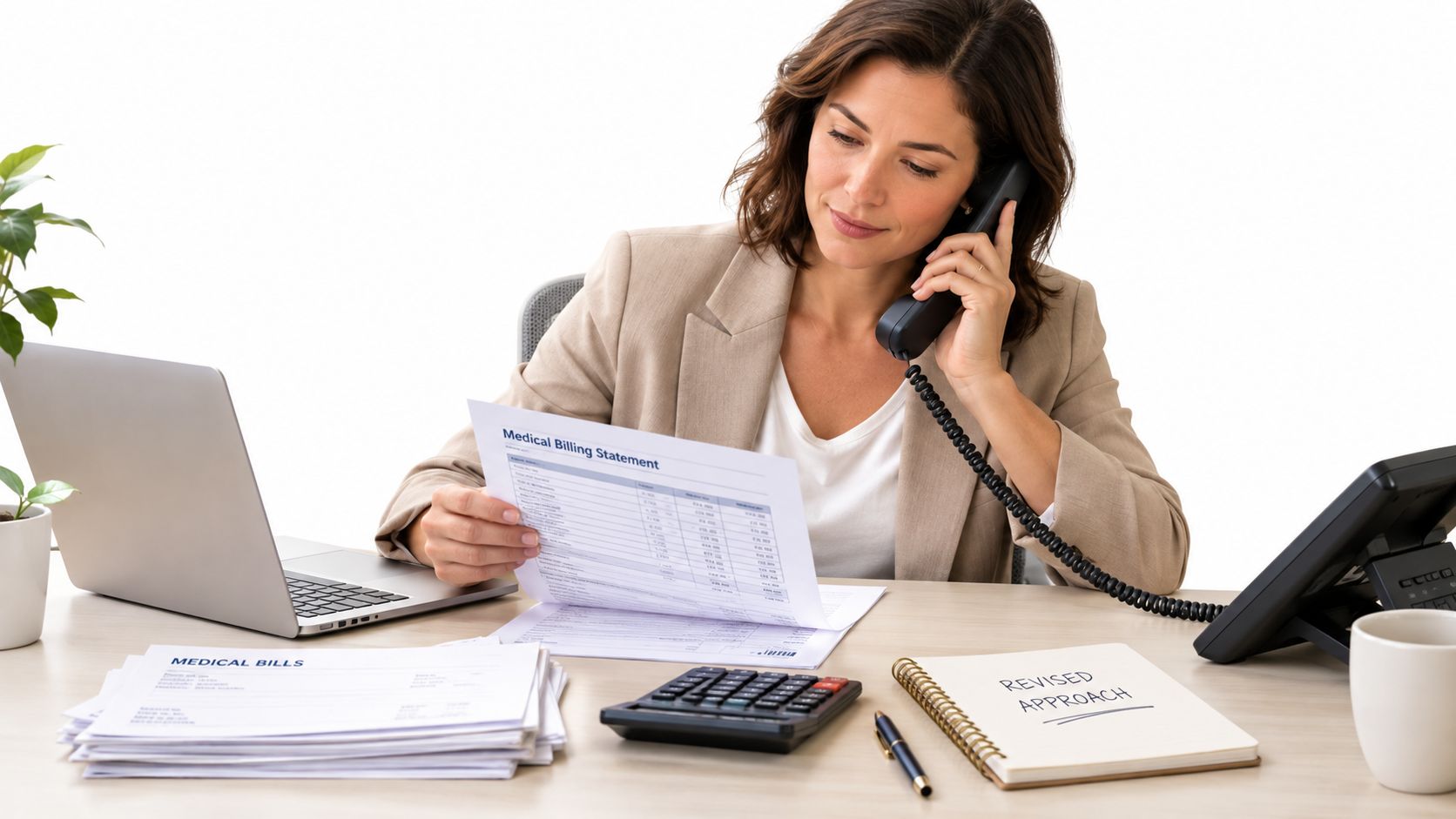 A professional woman in a blazer reviewing medical bills while talking on the phone at her desk.