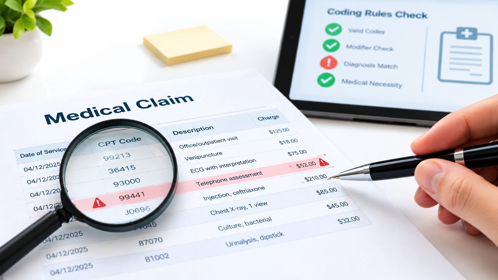 A professional analyzing a medical claim form with a magnifying glass and a pen on a desk.