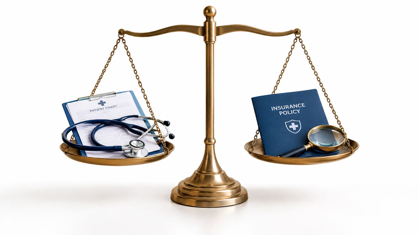 A golden balancing scale weighing a patient chart with a stethoscope against an insurance policy and magnifying glass.