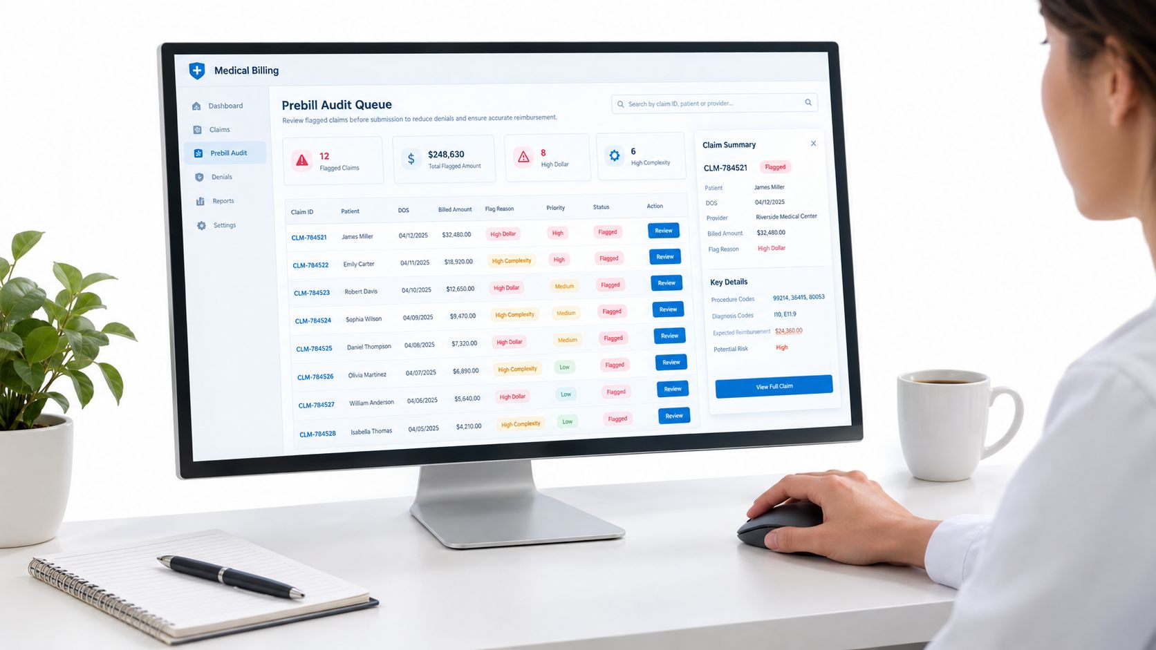 A medical professional reviewing flagged insurance claims on a computer screen in a modern office setting.
