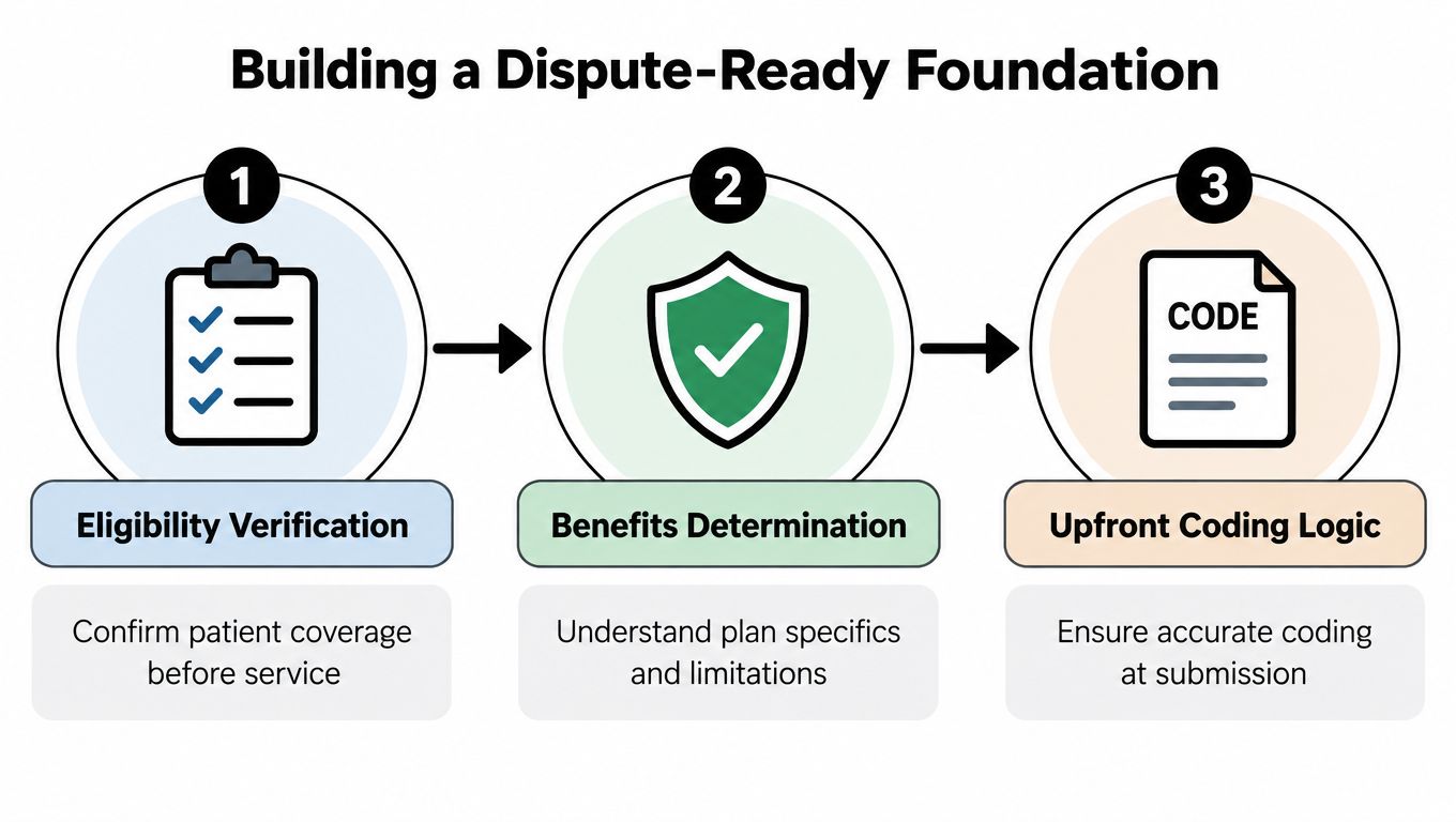 A three-step infographic titled Building a Dispute-Ready Foundation outlining eligibility verification, benefits determination, and upfront coding logic.