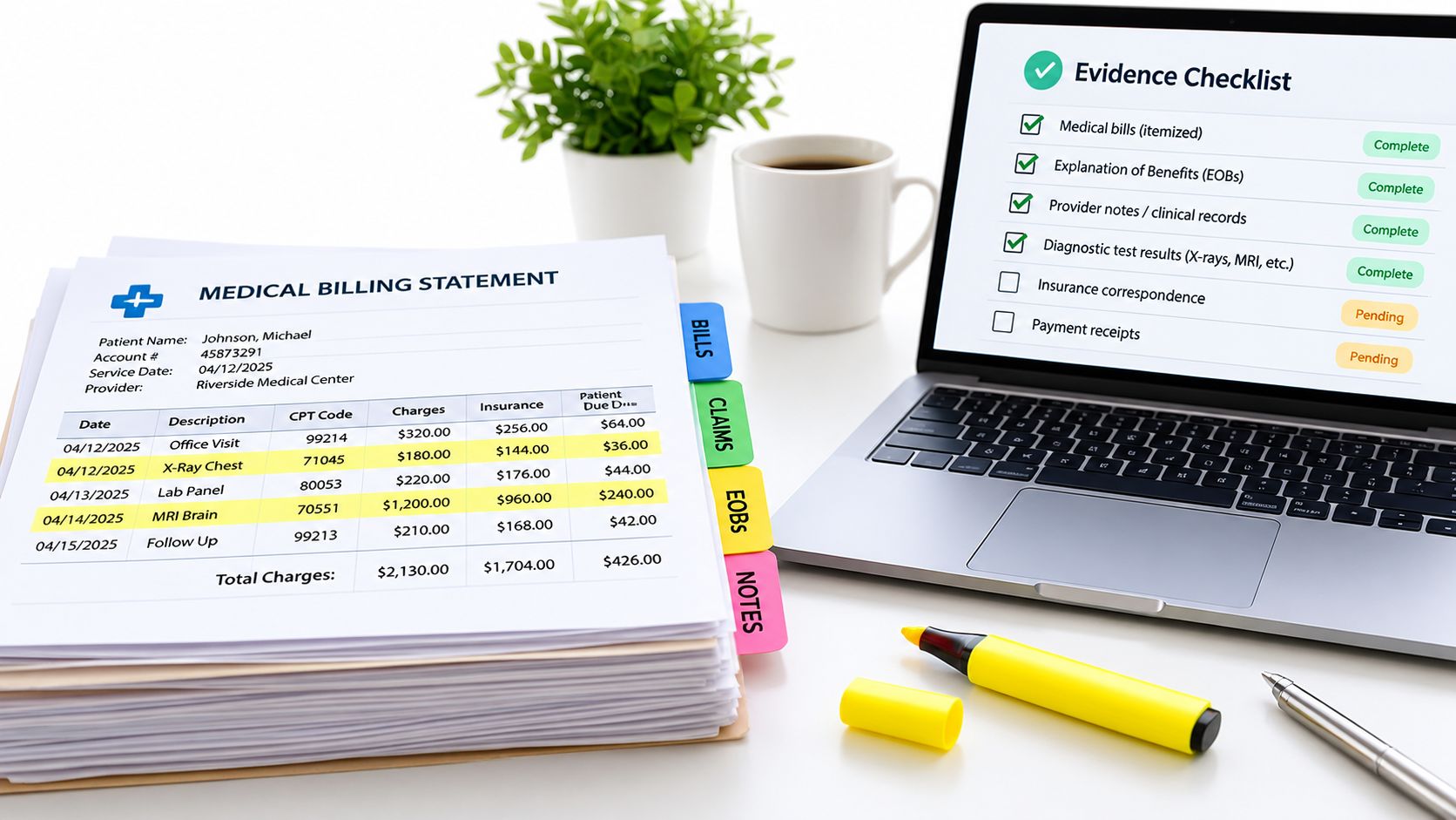 A stack of medical billing statements and a laptop displaying an insurance evidence checklist on a desk.