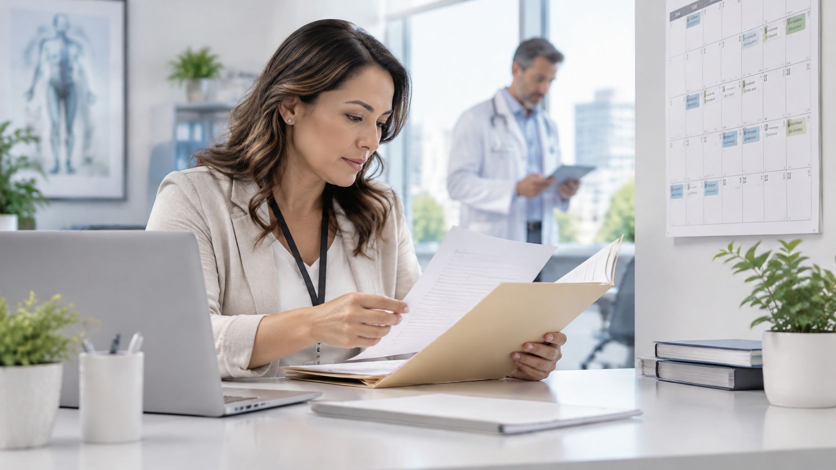A professional medical administrative staff member reviewing patient files at her office desk in a clinic.