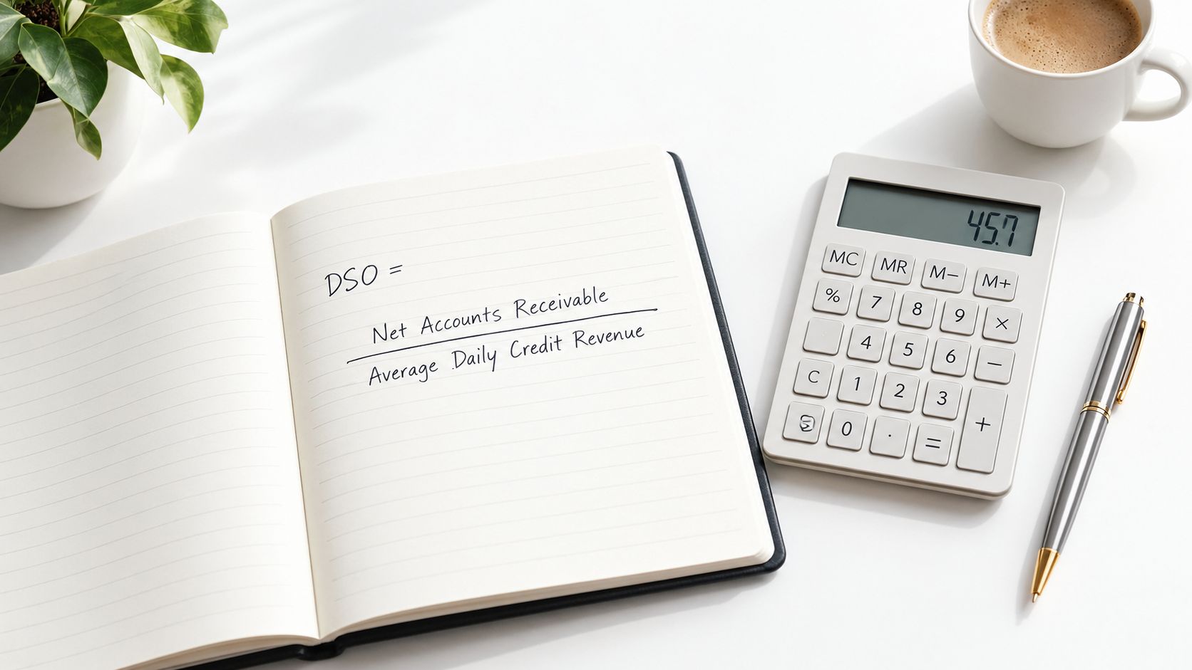 A notepad showing the formula for Days Sales Outstanding beside a calculator and a cup of coffee.
