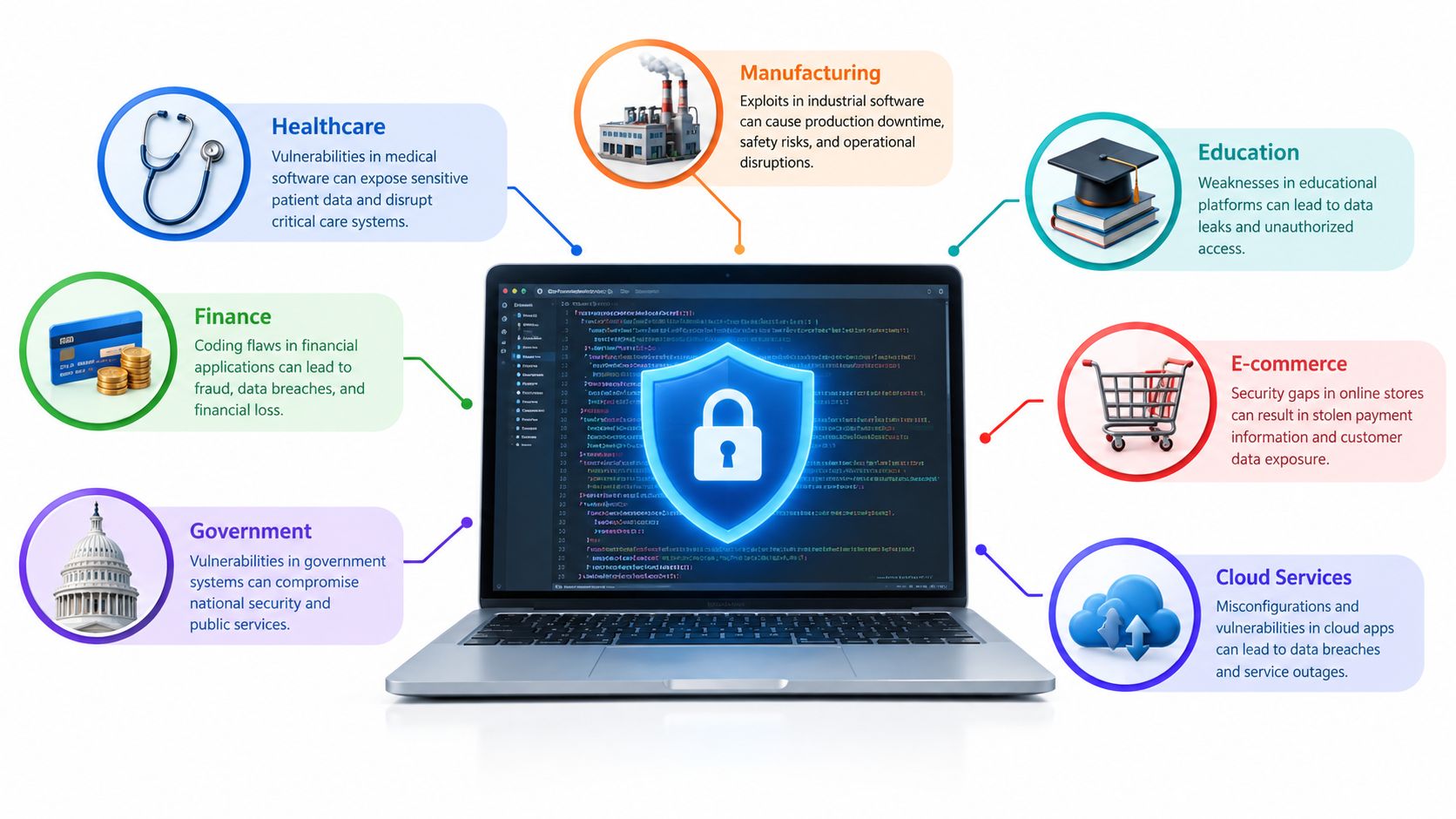 A laptop showing a security shield icon surrounded by icons representing risks in various industries.