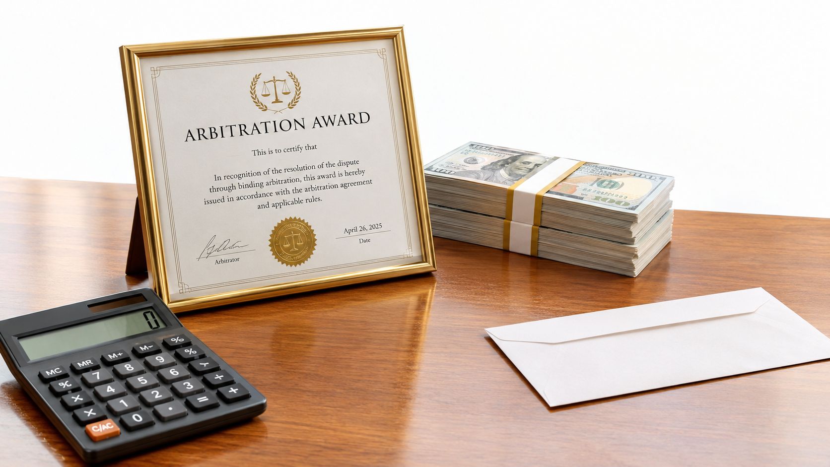 A framed arbitration award document next to a stack of one hundred dollar bills and a calculator.