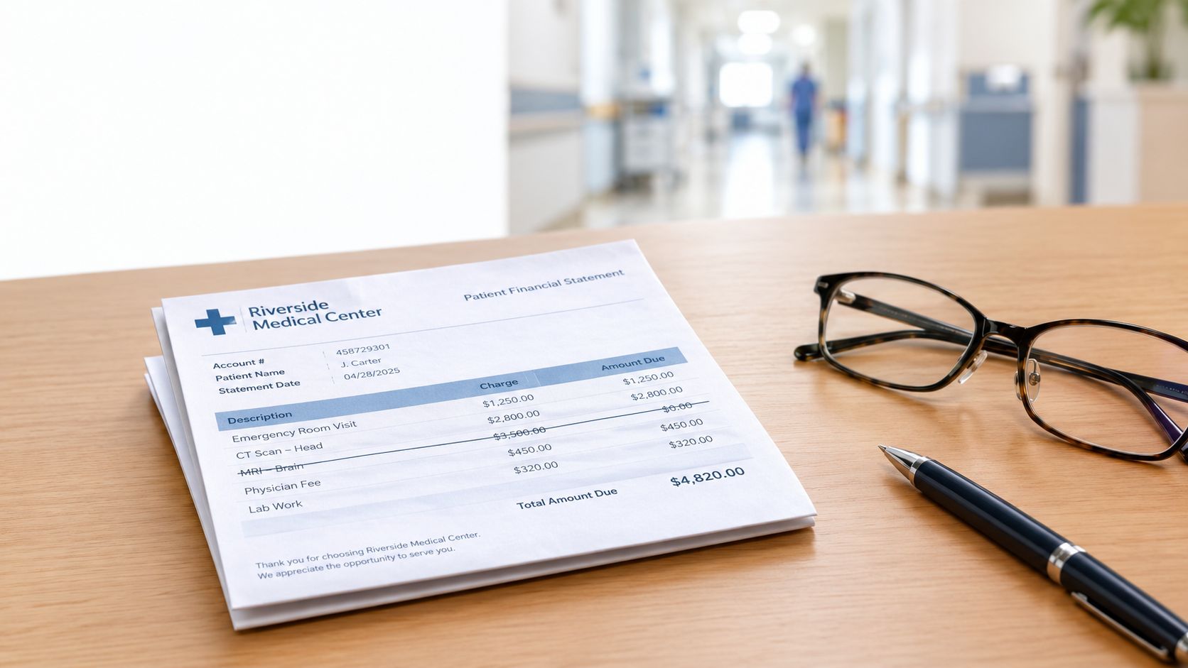 A patient financial statement from Riverside Medical Center rests on a wooden table with glasses and a pen.