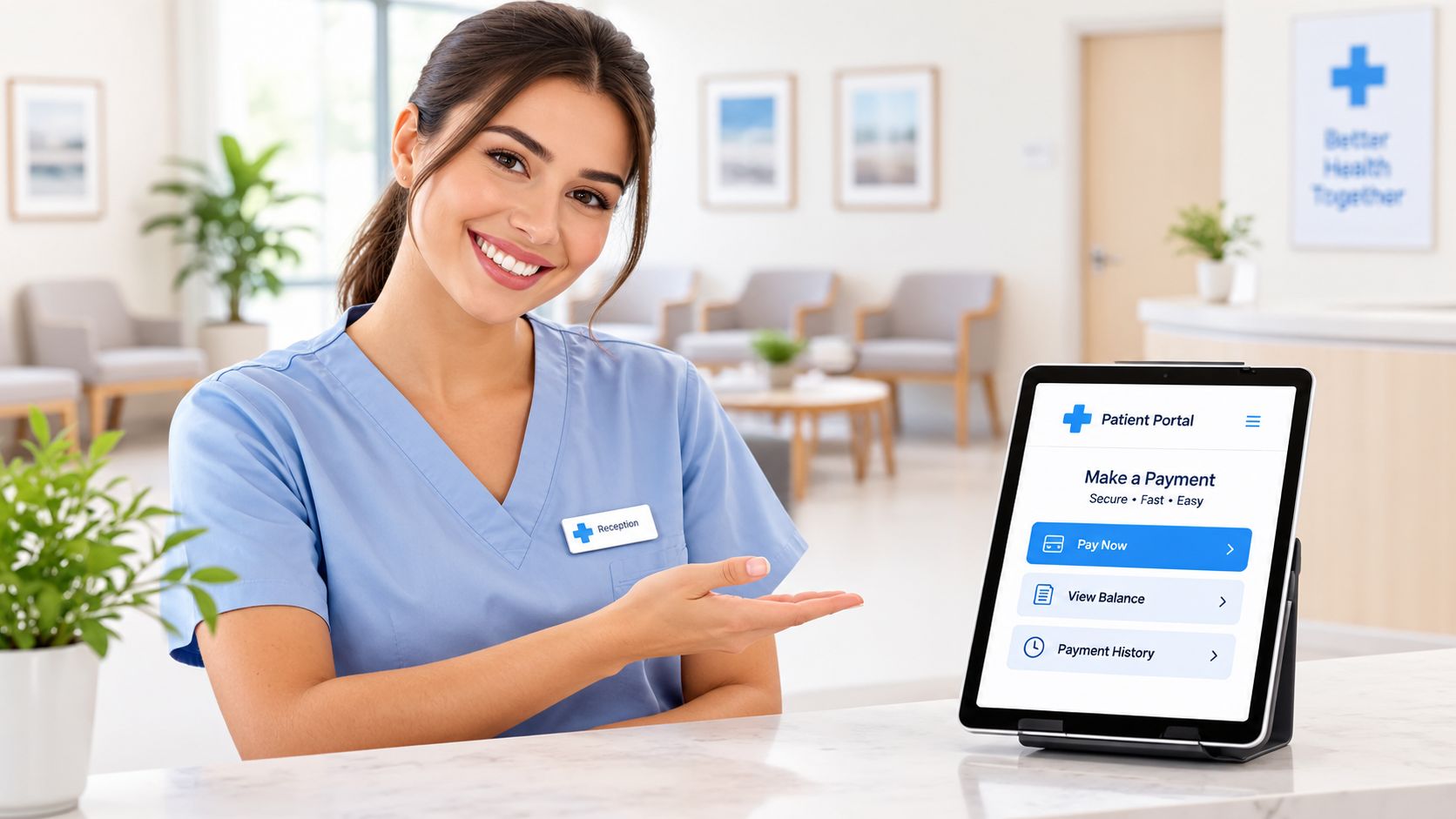 A friendly receptionist in blue scrubs presents a digital tablet displaying a medical patient payment portal interface.