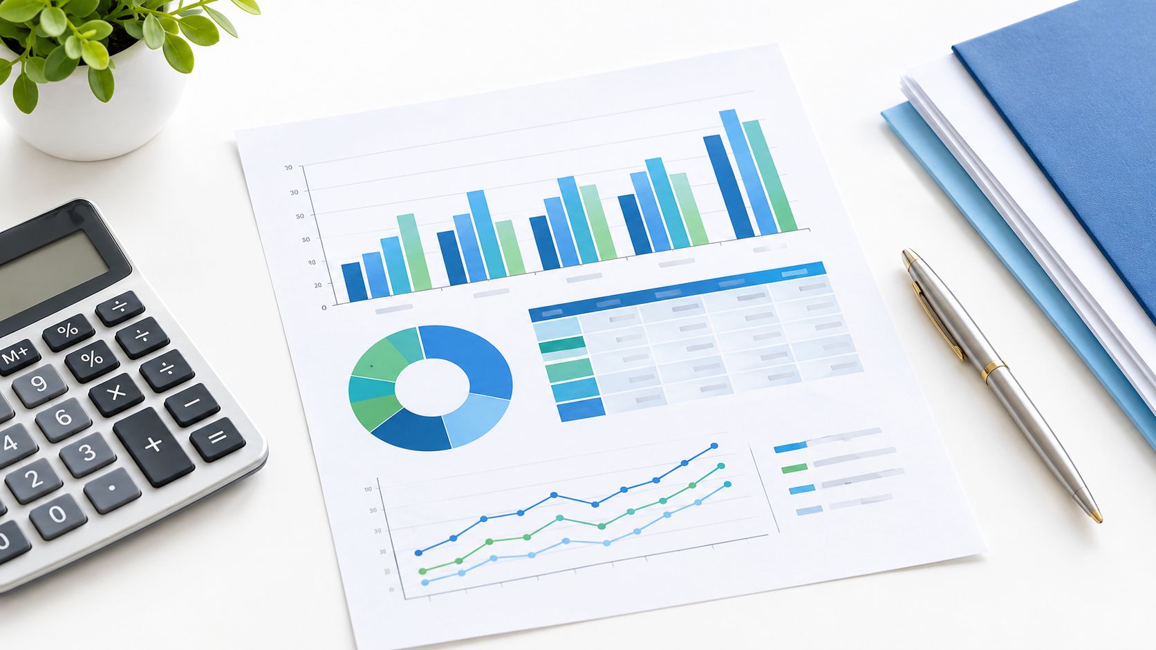 A top-down view of business reports featuring charts, a calculator, and a pen on a white desk.