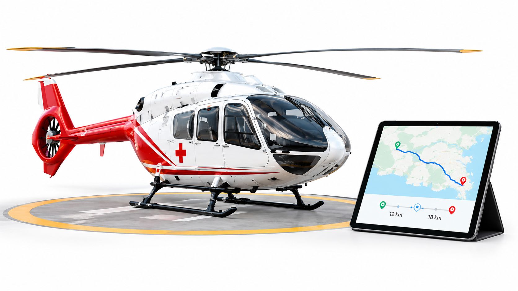 A medical emergency helicopter parked on a helipad with a digital tablet showing flight path tracking information.