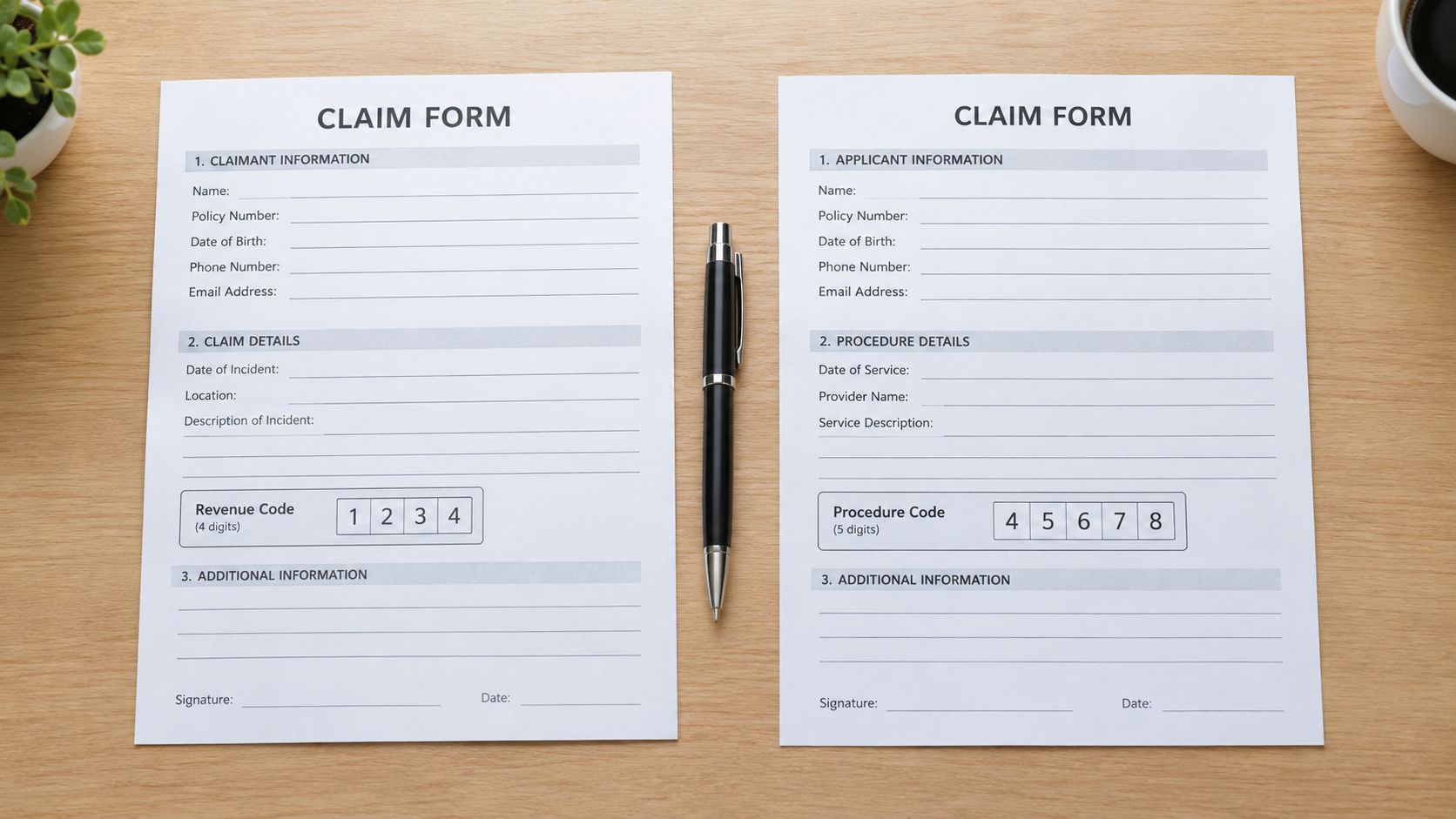 Two medical claim forms lying on a wooden desk next to a pen and a coffee cup.