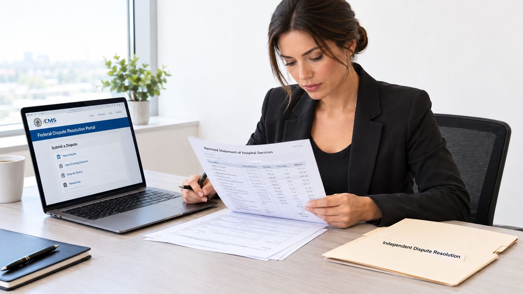 A professional woman in a suit reviews medical billing documents while using a Federal Dispute Resolution portal.