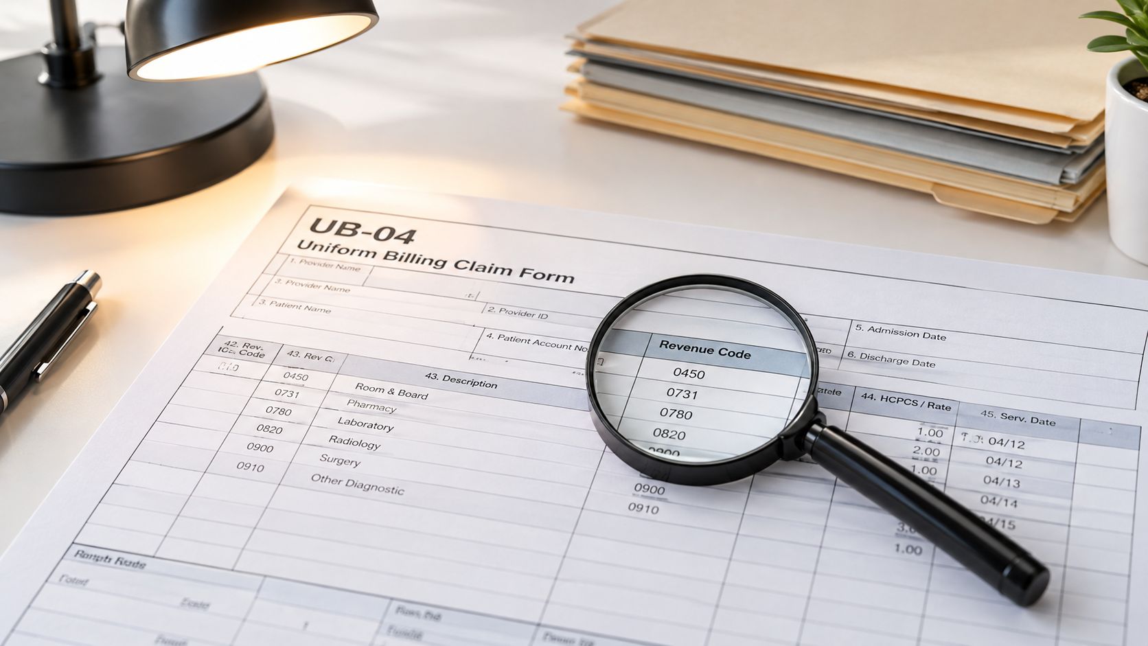 A magnifying glass placed over a UB-04 uniform medical billing claim form detailing specific revenue codes.