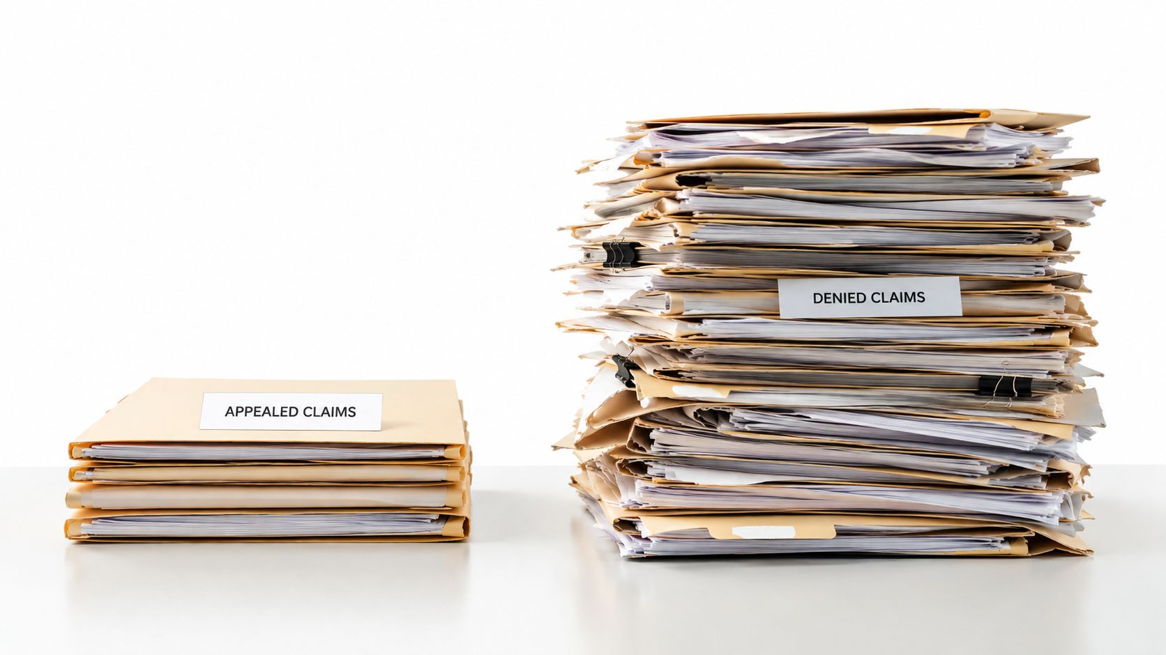 A stack of appealed claims folders next to a much larger pile of denied insurance claims.