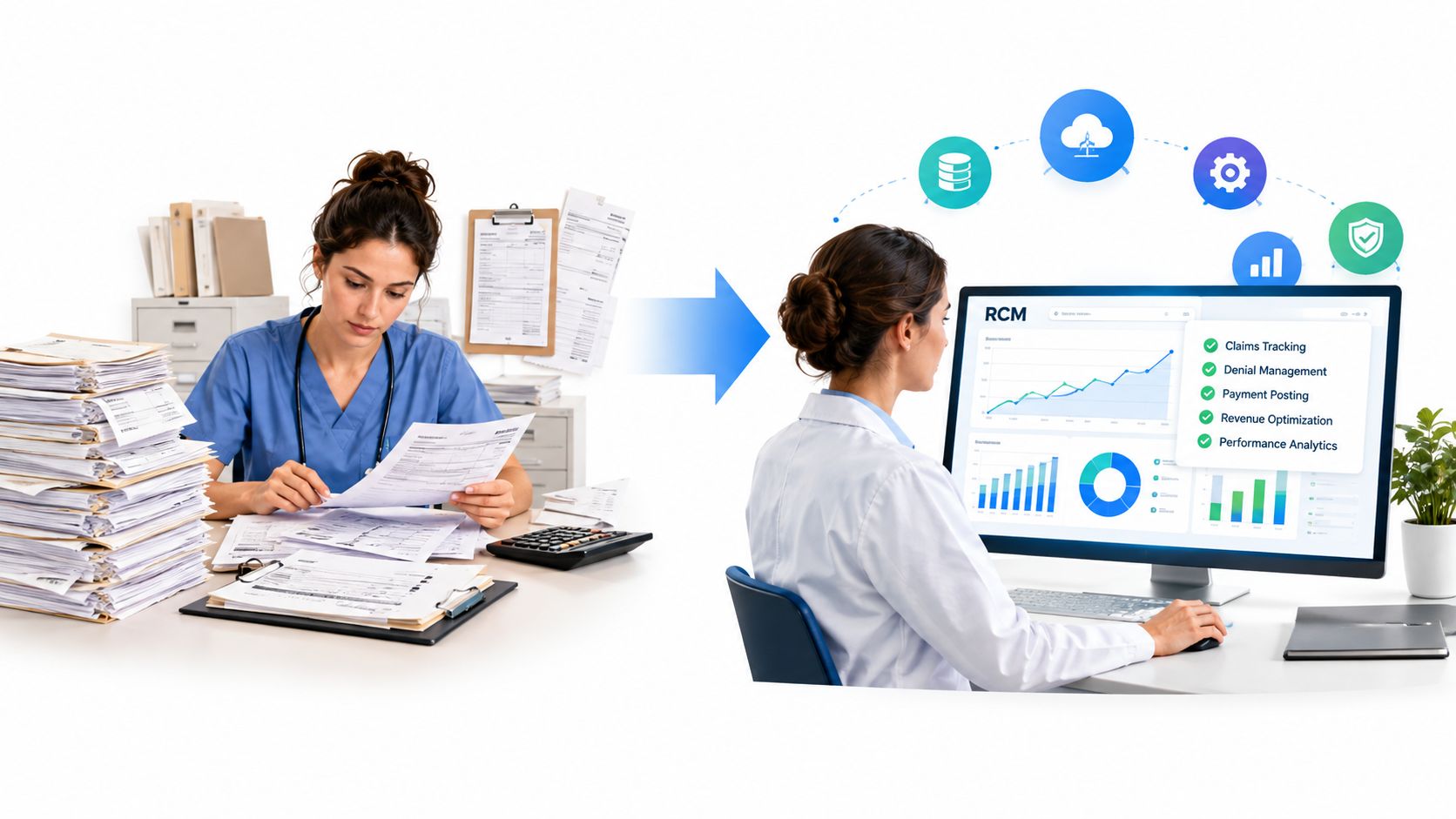 A split image contrasting manual paperwork processing with efficient digital revenue cycle management using advanced software solutions.